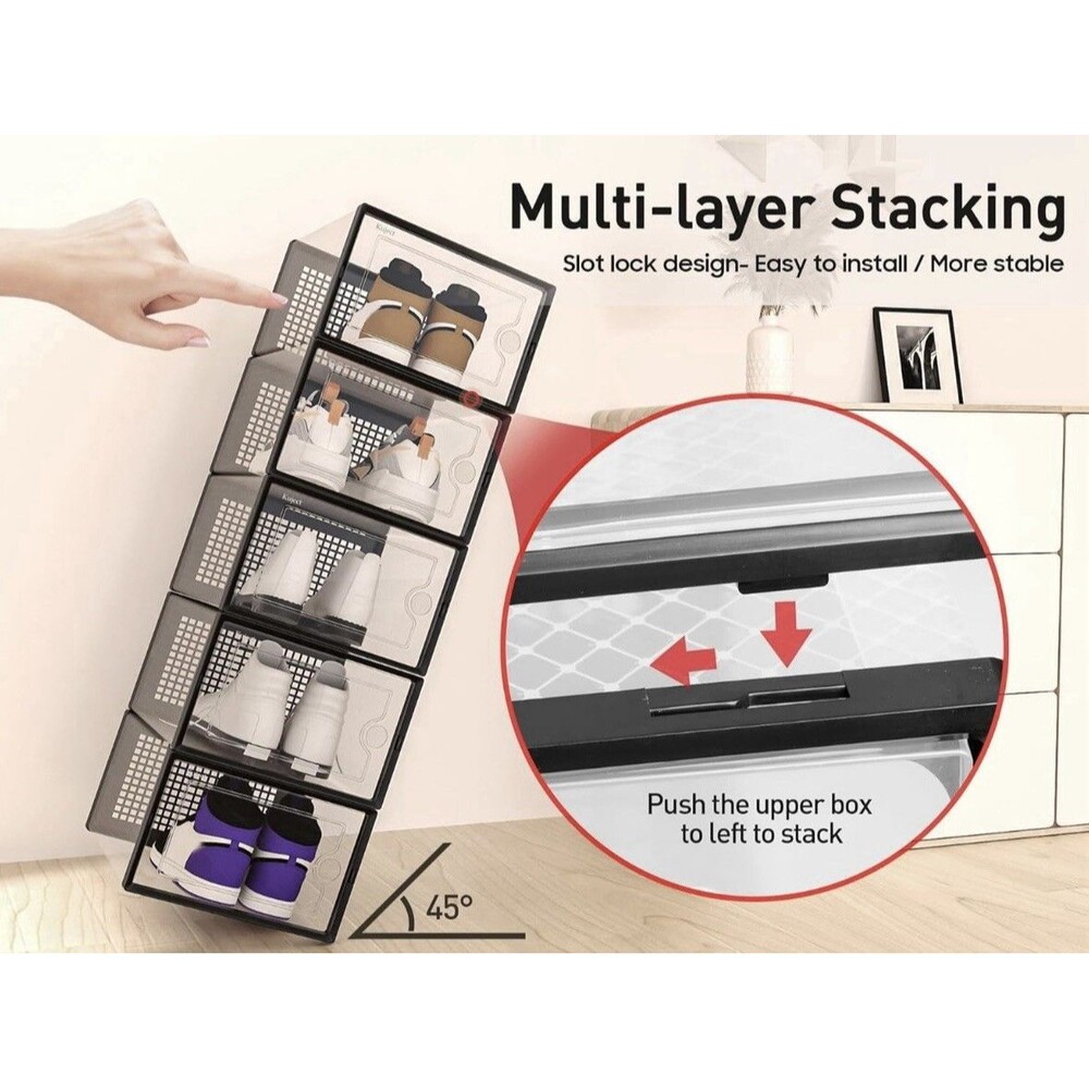 Kuject X-Large Shoe Storage Boxes Organizers Plastic Stackable 12 Pack, Black - Picture 6 of 9